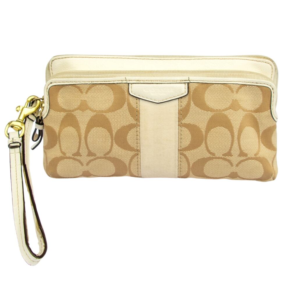 COACH Signature Beige White Strip Accordion Zip Around Wallet Wristlet F51710
